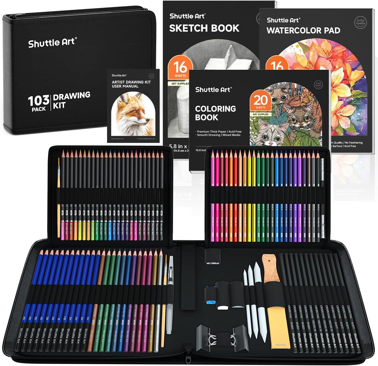 Shuttle Art Drawing Kit, 103 Pack Drawing Pencils Set, Sketching and Drawing Art Set with Colored Pencils, Sketch and Graphite Pencils in Portable Case, Drawing Supplies for Kids, Adults and Artists